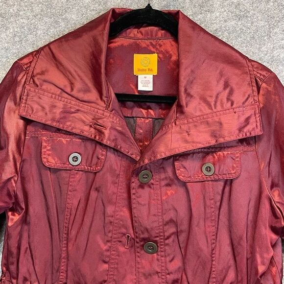 Ruby Rd Jacket Women's Size 12 Cranberry Red Metallic Button Front Drawstring - Picture 1 of 15